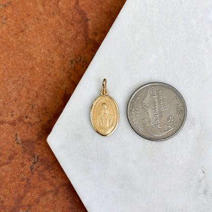 14KT Yellow Gold Matte Oval Miraculous Medal Pendant Charm 18mm