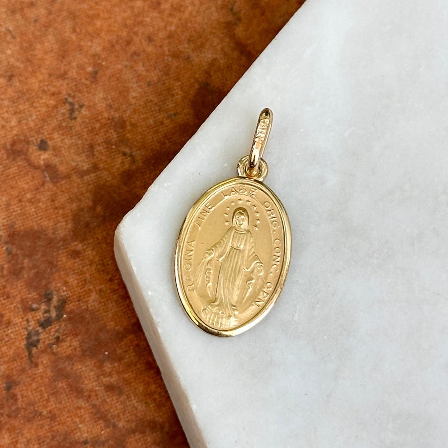 14KT Yellow Gold Matte Oval Miraculous Medal Pendant Charm 18mm