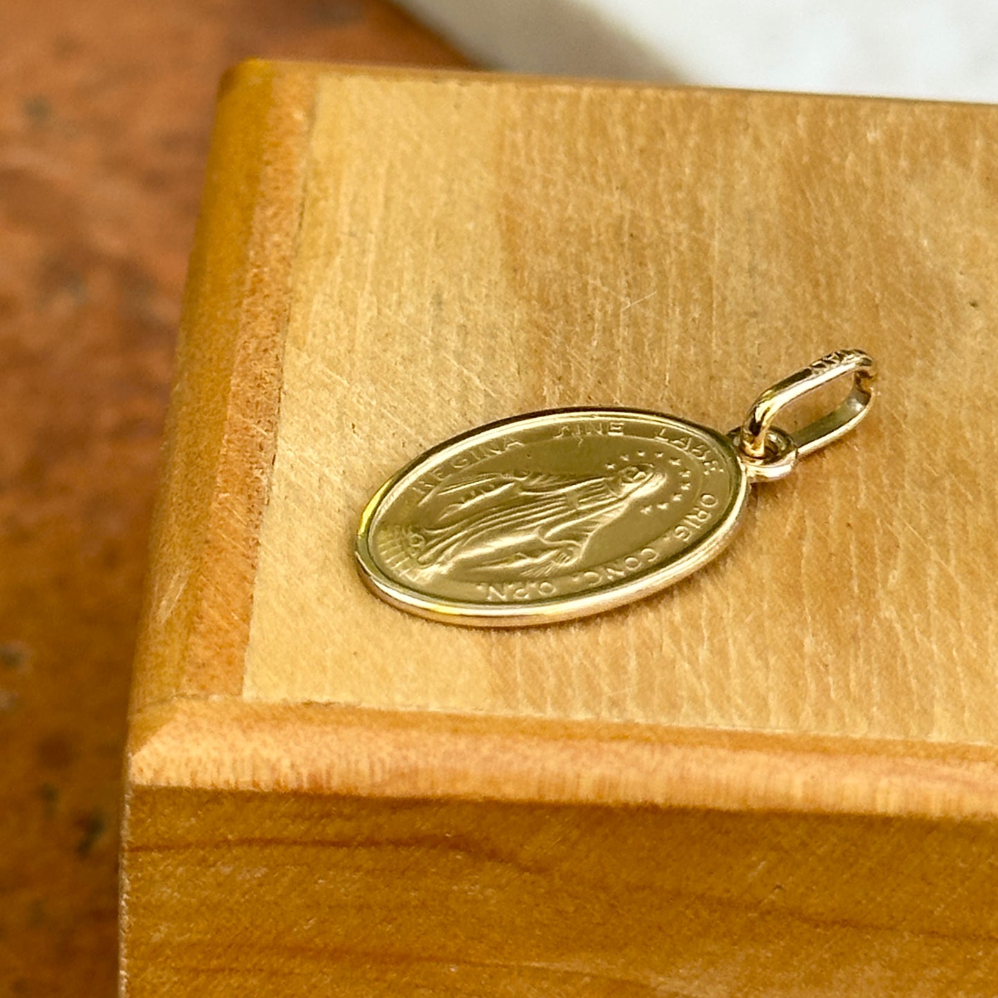 14KT Yellow Gold Matte Oval Miraculous Medal Pendant Charm 18mm