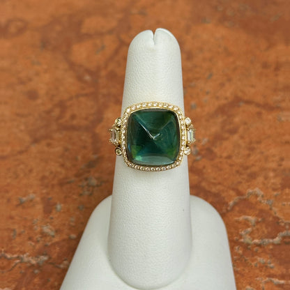 Estate 18KT Yellow Gold Sugar Loaf Blue Tourmaline + Diamond Halo Ring