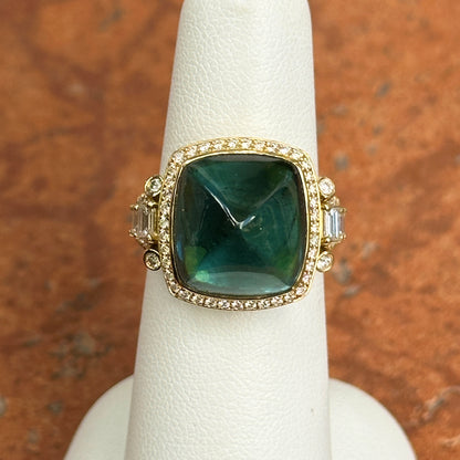 Estate 18KT Yellow Gold Sugar Loaf Blue Tourmaline + Diamond Halo Ring