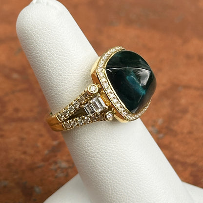 Estate 18KT Yellow Gold Sugar Loaf Blue Tourmaline + Diamond Halo Ring