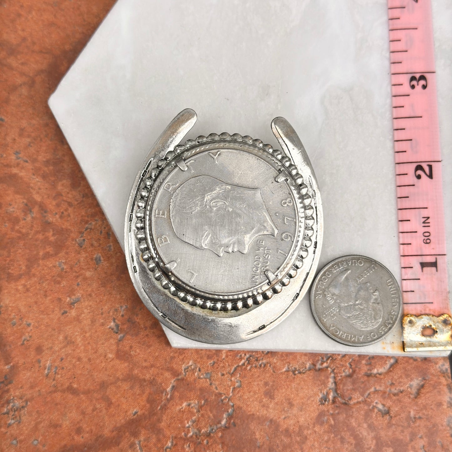 Estate Rare Silver 1978 Liberty Eisenhower One Dollar Coin in Horseshoe Belt Buckle - LSJ