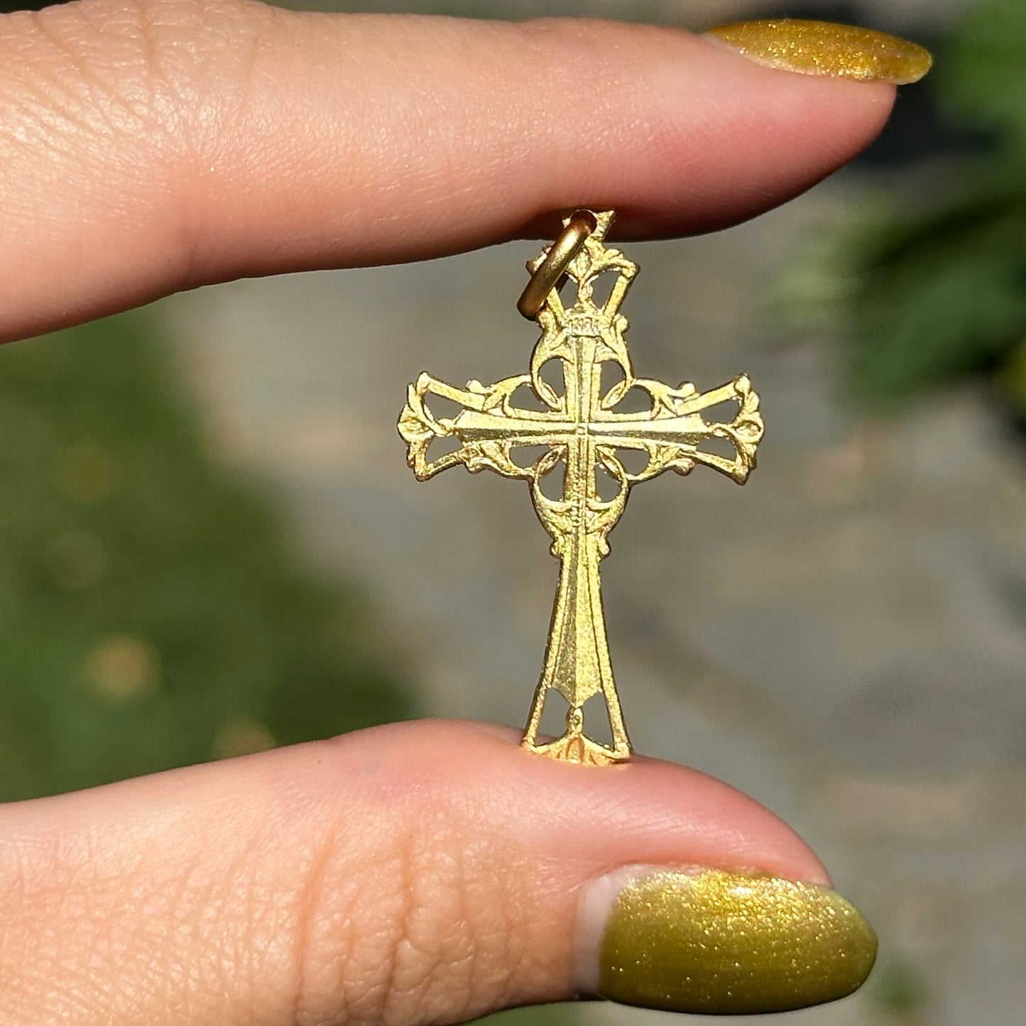 14KT Yellow Gold Matte Filigree INRI Solid Cross Pendant 34mm
