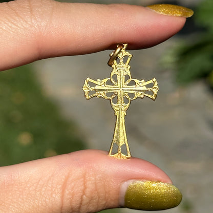 14KT Yellow Gold Matte Filigree INRI Solid Cross Pendant 34mm