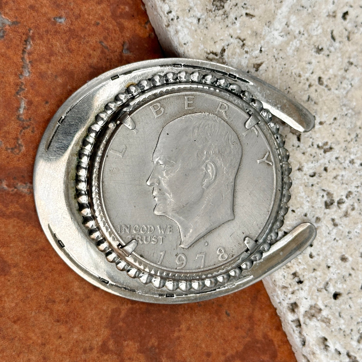 Estate Rare Silver 1978 Liberty Eisenhower One Dollar Coin in Horseshoe Belt Buckle - LSJ