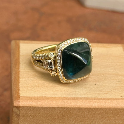 Estate 18KT Yellow Gold Sugar Loaf Blue Tourmaline + Diamond Halo Ring