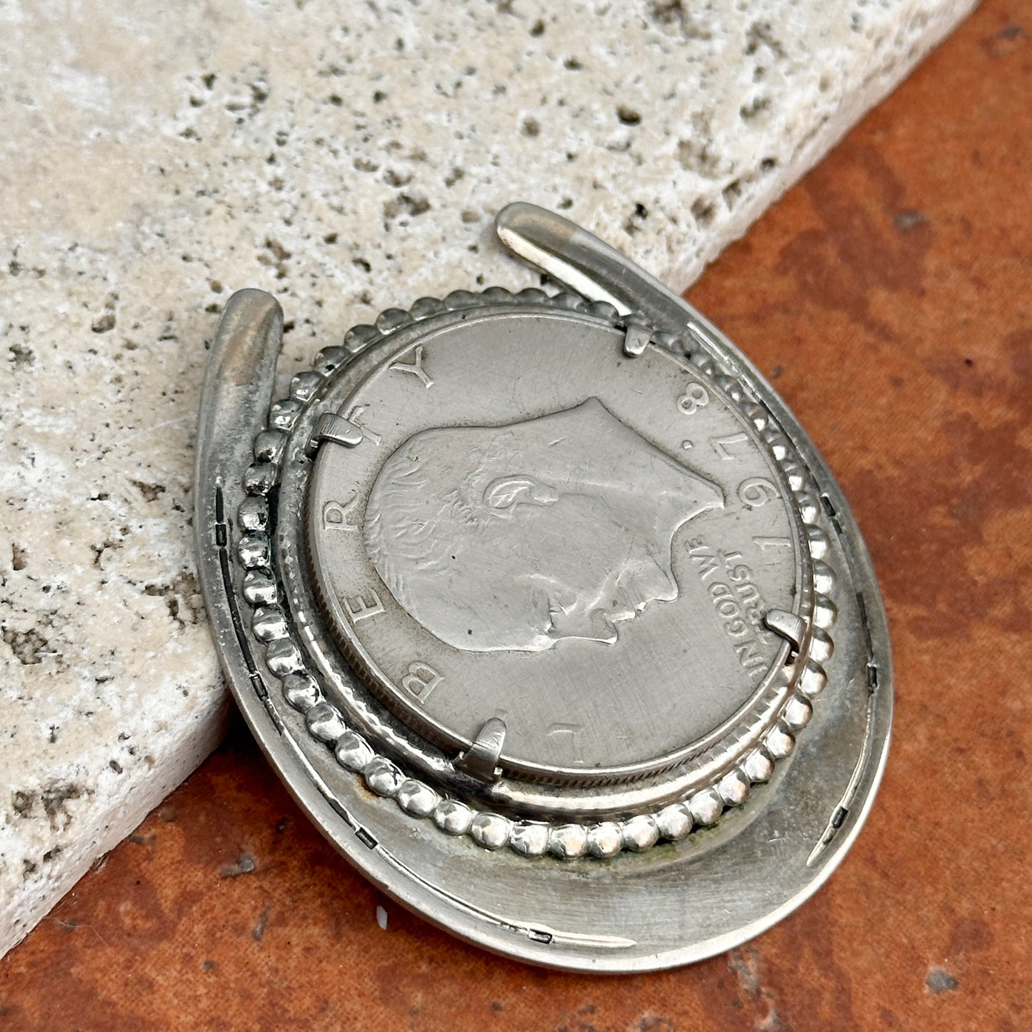 Estate Rare Silver 1978 Liberty Eisenhower One Dollar Coin in Horseshoe Belt Buckle - LSJ