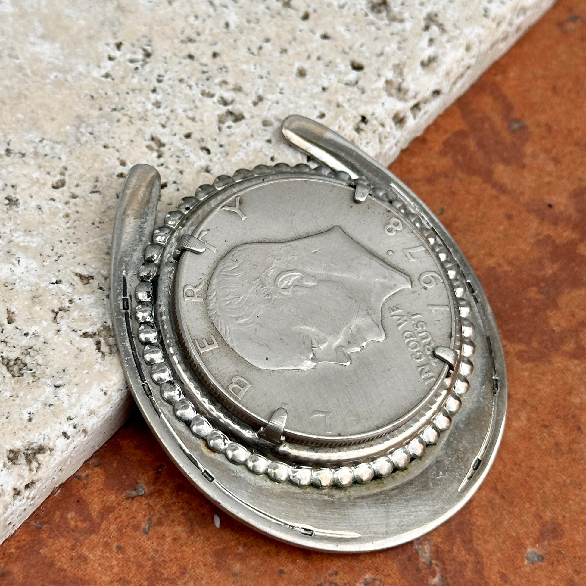 Estate Rare Silver 1978 Liberty Eisenhower One Dollar Coin in Horseshoe Belt Buckle - LSJ