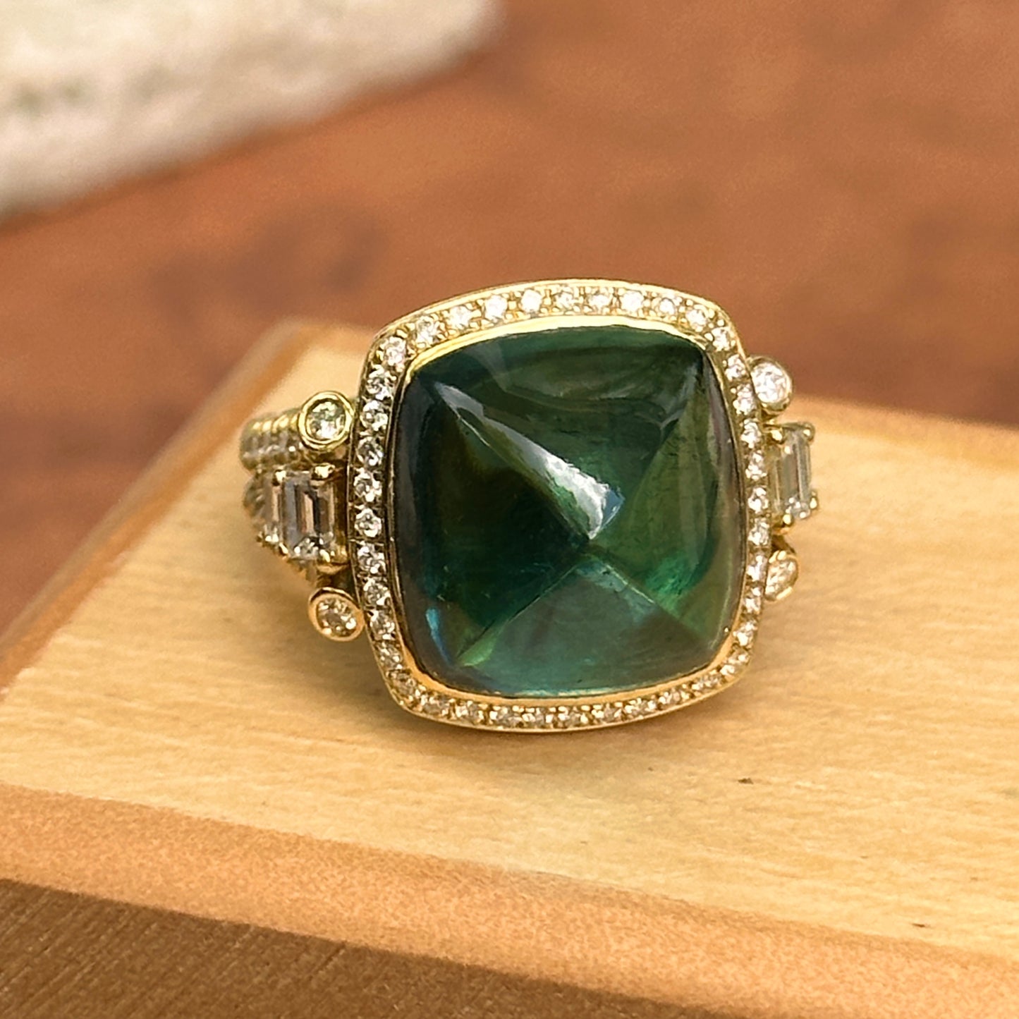 Estate 18KT Yellow Gold Sugar Loaf Blue Tourmaline + Diamond Halo Ring