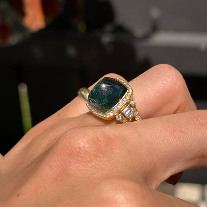 Estate 18KT Yellow Gold Sugar Loaf Blue Tourmaline + Diamond Halo Ring