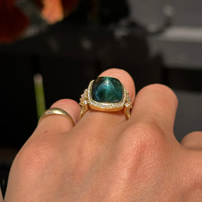 Estate 18KT Yellow Gold Sugar Loaf Blue Tourmaline + Diamond Halo Ring