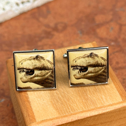 Estate Silver Tone Square Tyrannosaurus Rex Dinosaur Cuff Links - LSJ