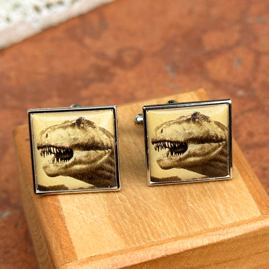 Estate Silver Tone Square Tyrannosaurus Rex Dinosaur Cuff Links