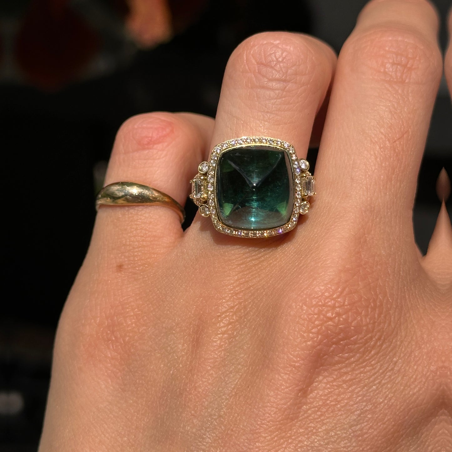 Estate 18KT Yellow Gold Sugar Loaf Blue Tourmaline + Diamond Halo Ring