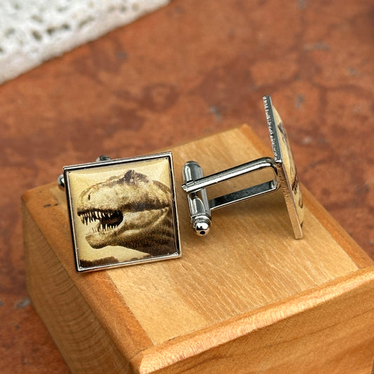 Estate Silver Tone Square Tyrannosaurus Rex Dinosaur Cuff Links