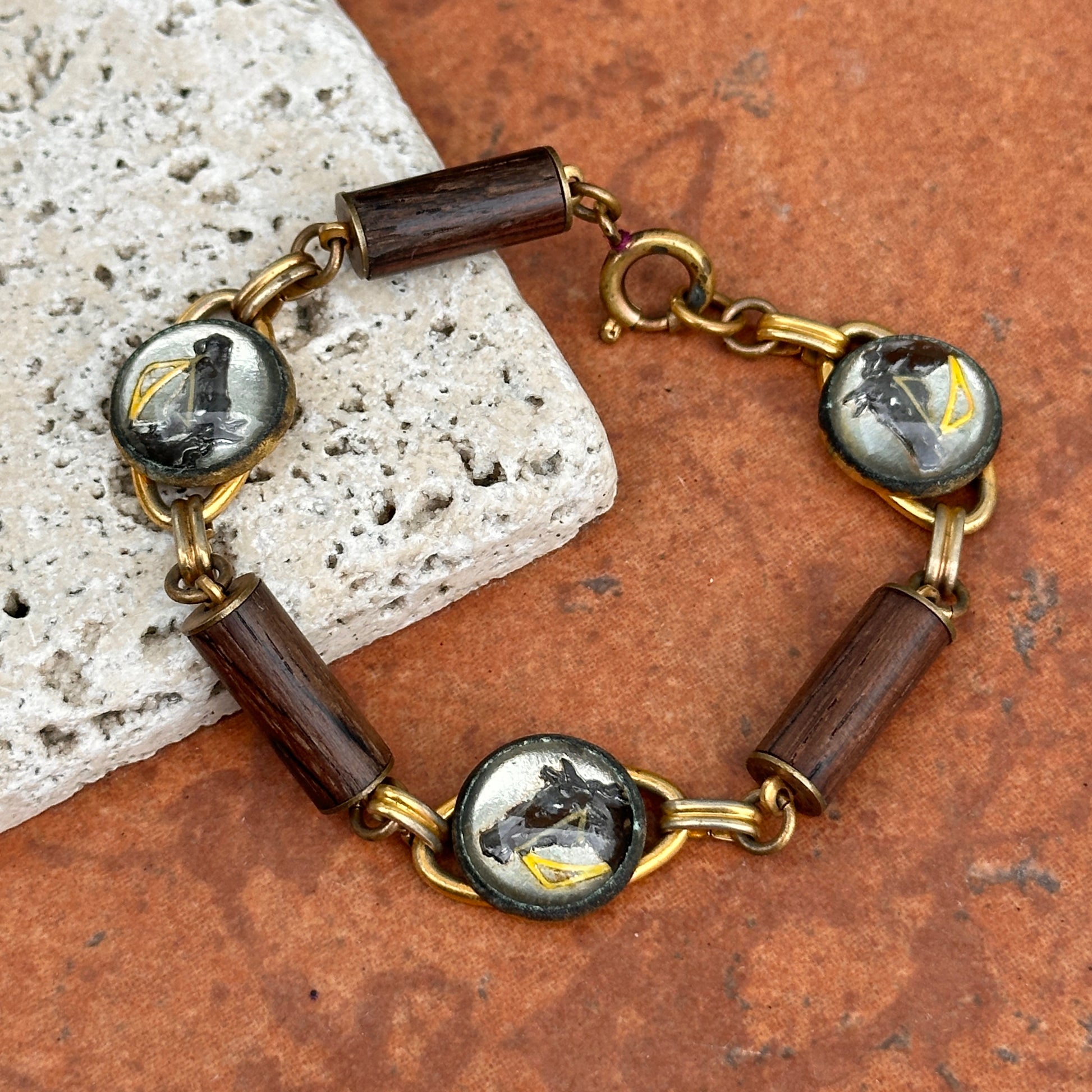 Estate Gold-Filled Painted Horse + Wood Like Links Bracelet - LSJ