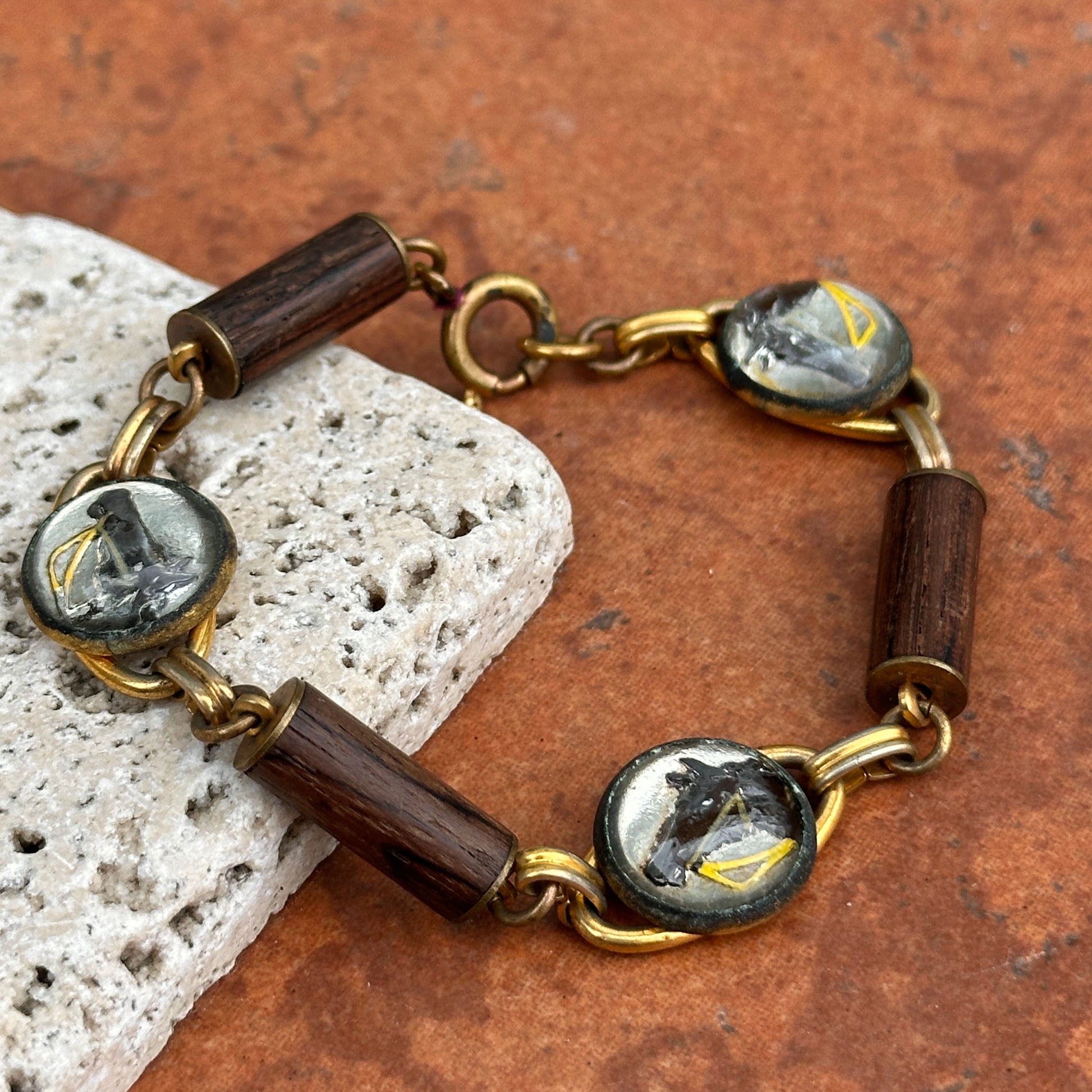 Estate Gold-Filled Painted Horse + Wood Like Links Bracelet - LSJ