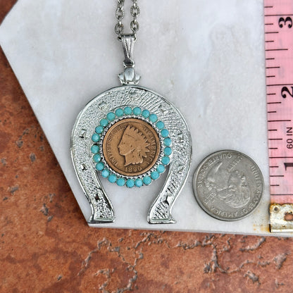 Estate Silver Tone Indian Head Coin "One Cent" Round Blue Horseshoe Necklace - LSJ