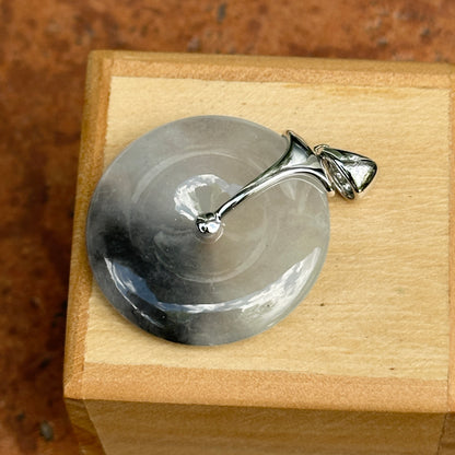 Estate 14KT White Gold Marbled Gray Jade + Diamond Round Pendant