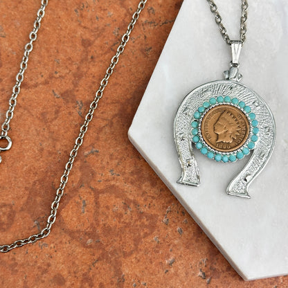 Estate Silver Tone Indian Head Coin "One Cent" Round Blue Horseshoe Necklace - LSJ