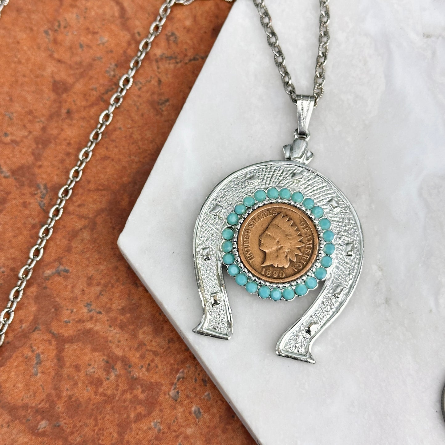 Estate Silver Tone Indian Head Coin "One Cent" Round Blue Horseshoe Necklace - LSJ