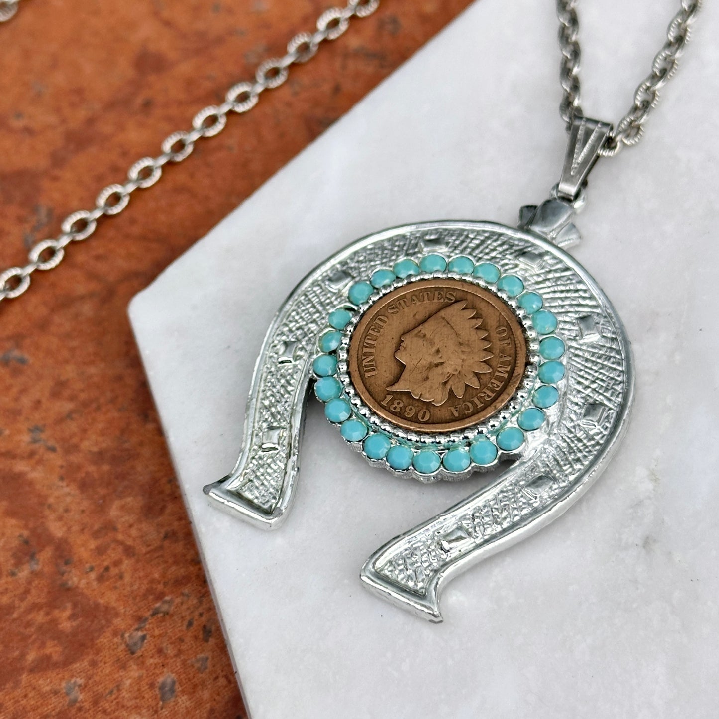Estate Silver Tone Indian Head Coin "One Cent" Round Blue Horseshoe Necklace - LSJ