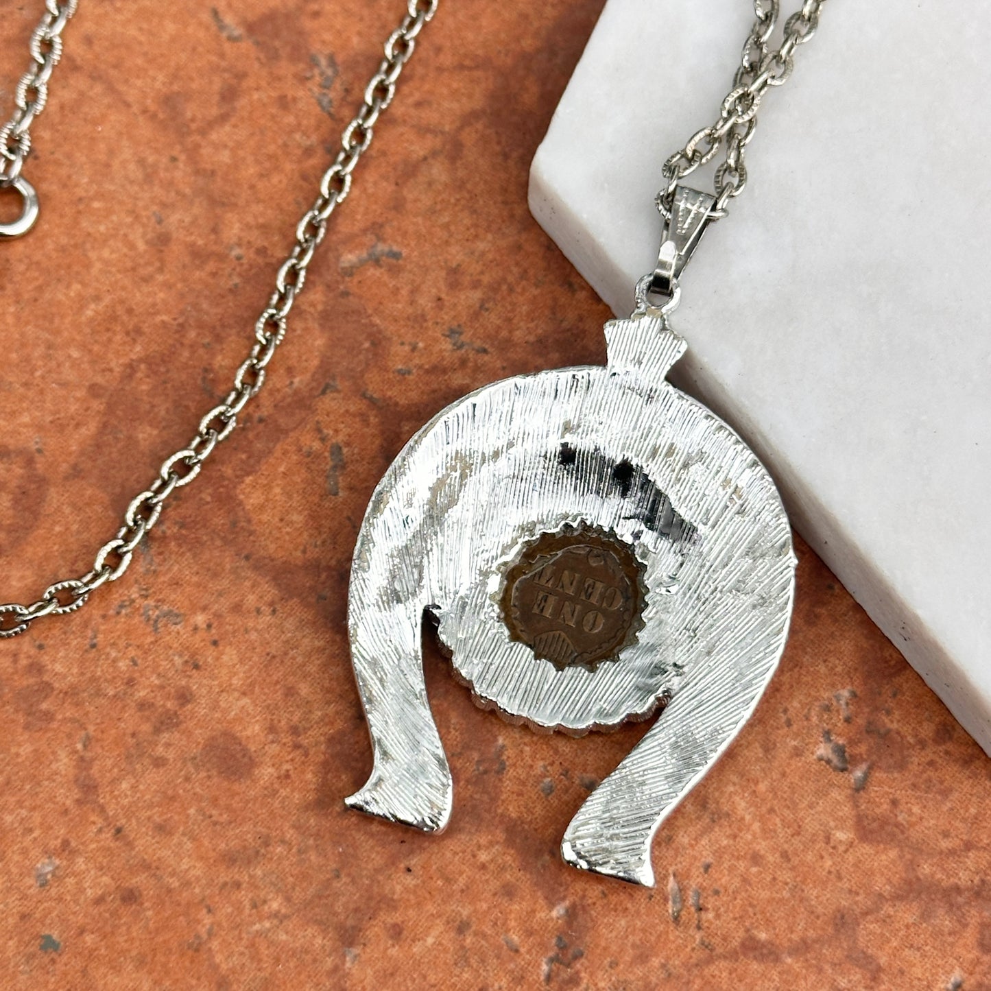 Estate Silver Tone Indian Head Coin "One Cent" Round Blue Horseshoe Necklace - LSJ