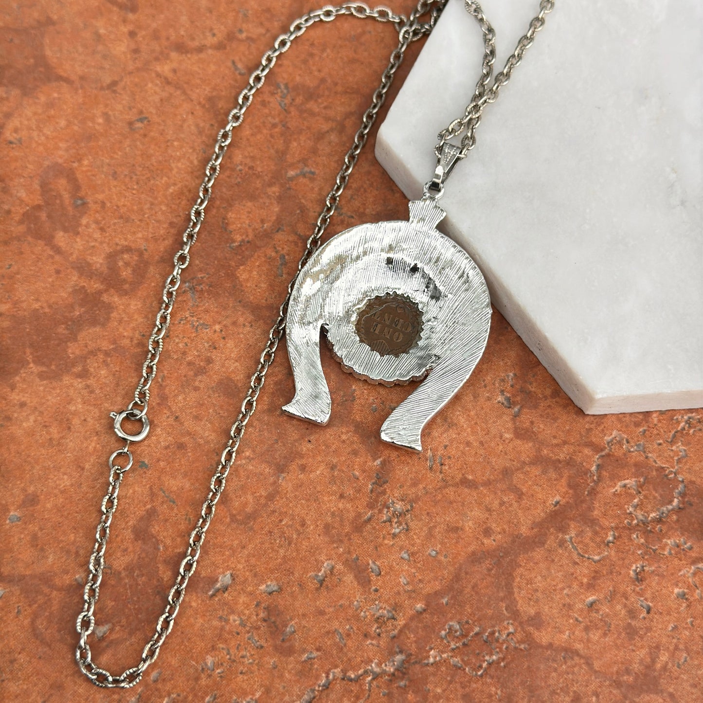 Estate Silver Tone Indian Head Coin "One Cent" Round Blue Horseshoe Necklace - LSJ