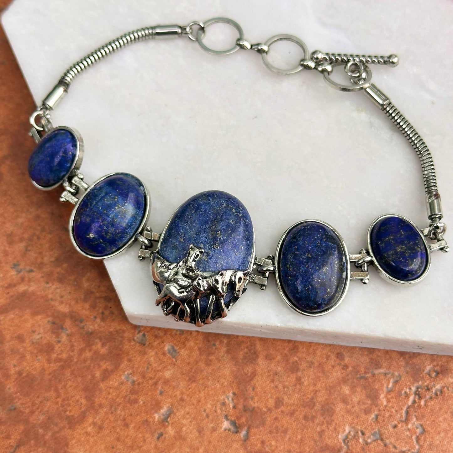 Estate Silver Horse + Oval Lapis Lazuli Stones Bracelet Toggle 7.25in