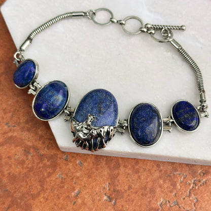 Estate Silver Horse + Oval Lapis Lazuli Stones Bracelet Toggle 7.25in
