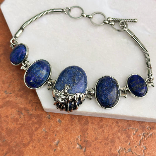 Estate Silver Horse + Oval Lapis Lazuli Stones Bracelet Toggle 7.25in - LSJ