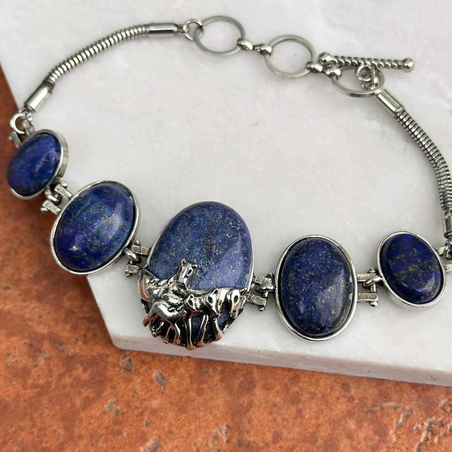 Estate Silver Horse + Oval Lapis Lazuli Stones Bracelet Toggle 7.25in