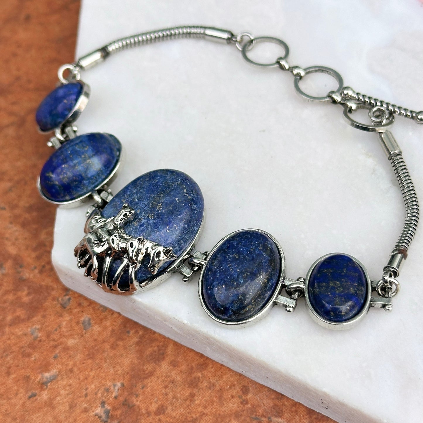 Estate Silver Horse + Oval Lapis Lazuli Stones Bracelet Toggle 7.25in