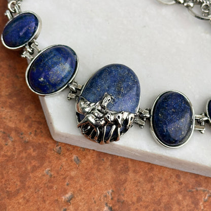 Estate Silver Horse + Oval Lapis Lazuli Stones Bracelet Toggle 7.25in