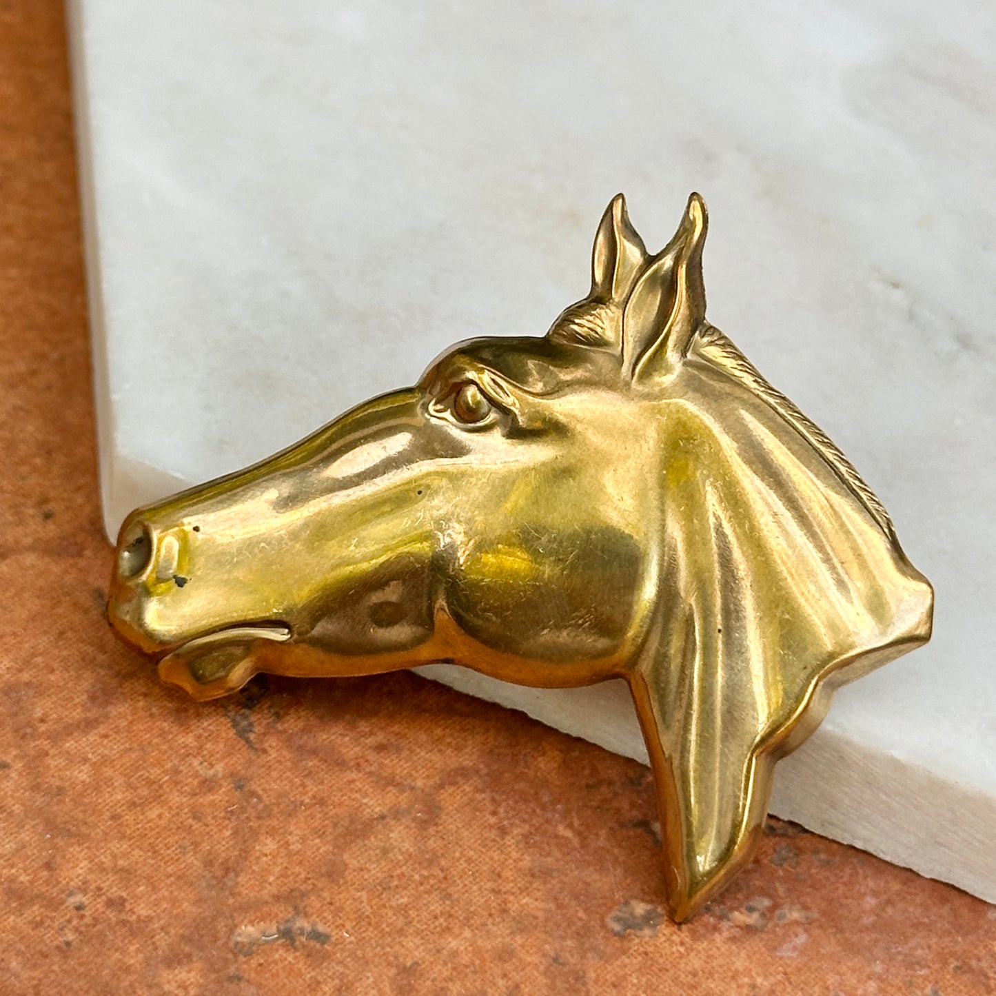 Estate Brass Polished Large Hollow Horse Head Pin Brooch