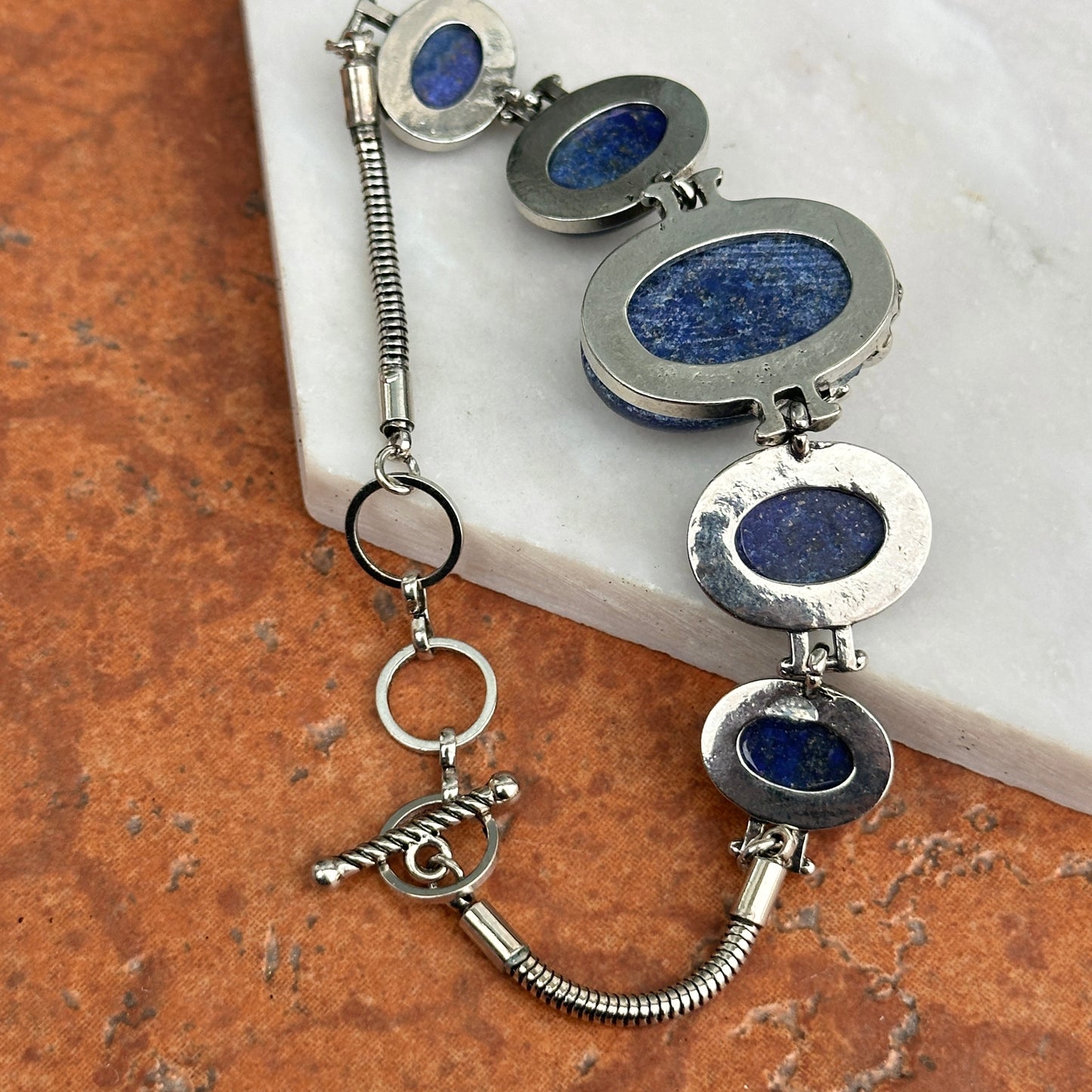 Estate Silver Horse + Oval Lapis Lazuli Stones Bracelet Toggle 7.25in