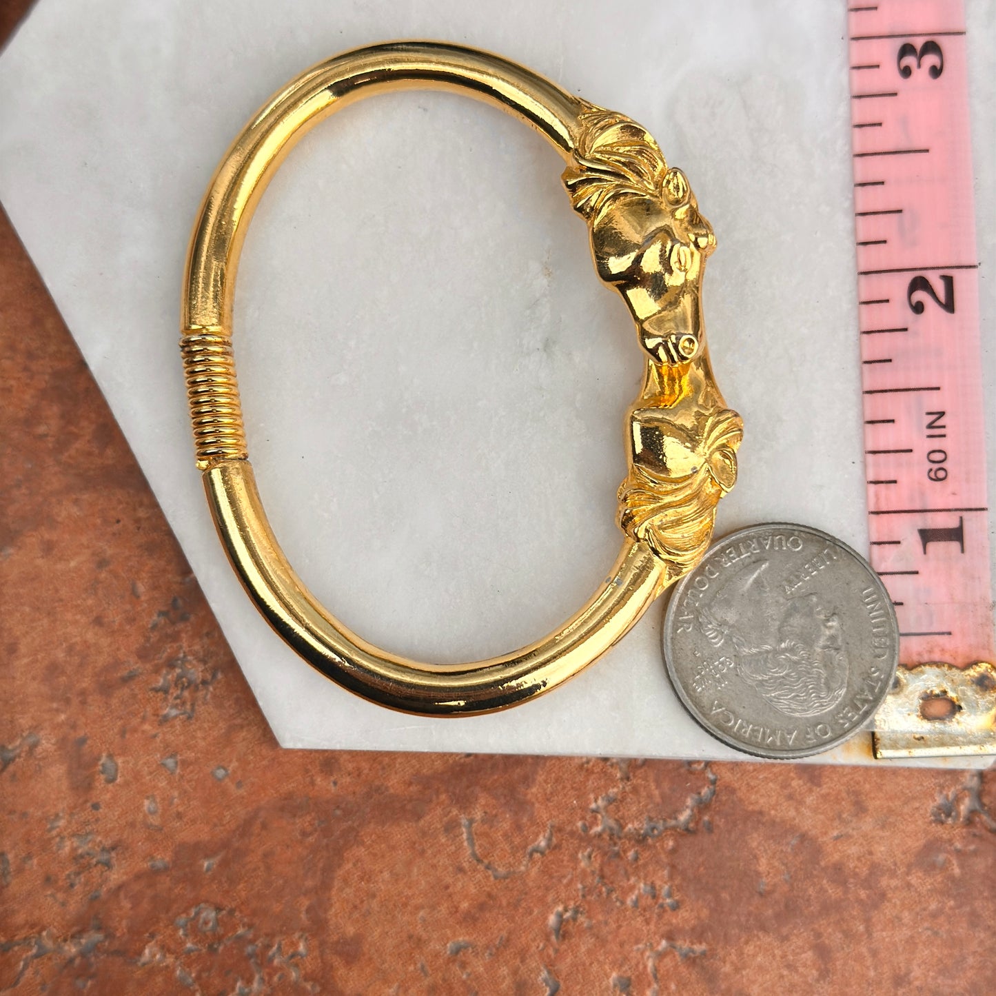 Estate Yellow Gold Tone Shiny + Double Horse Head Springed Cuff Bracelet