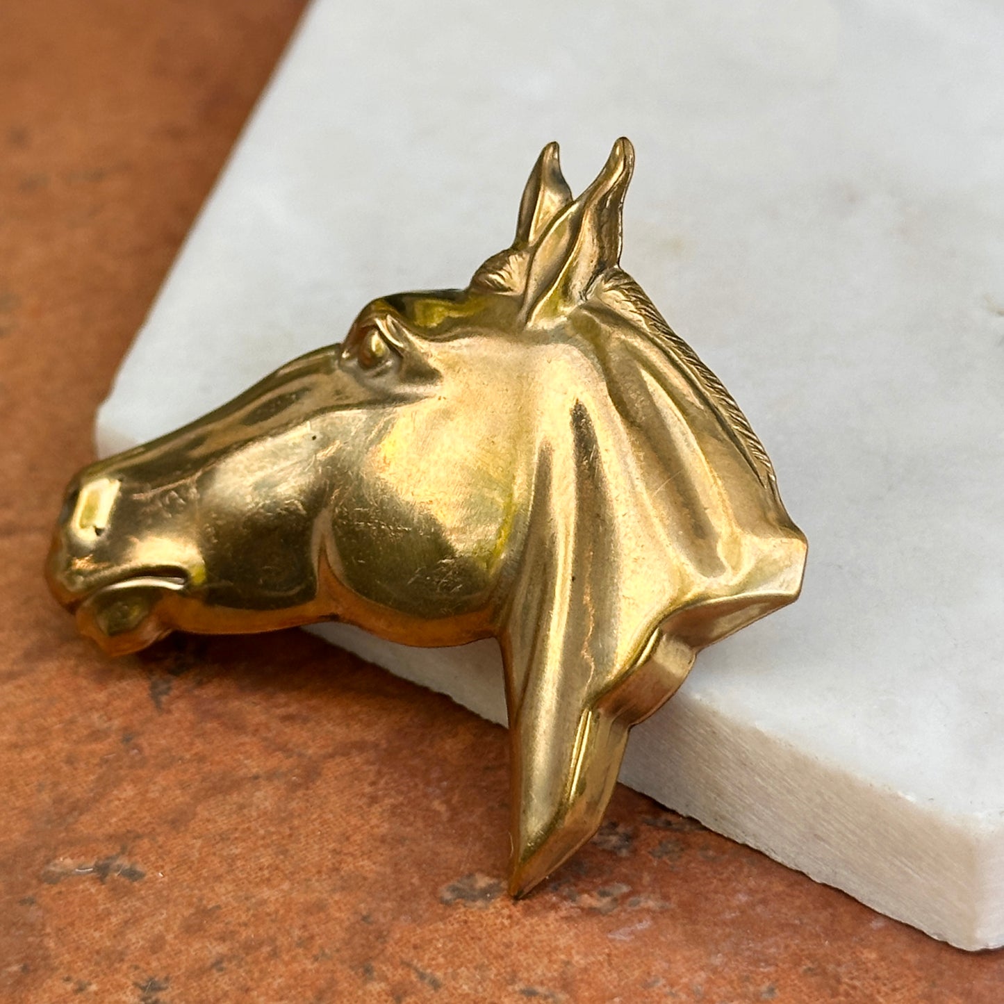 Estate Brass Polished Large Hollow Horse Head Pin Brooch