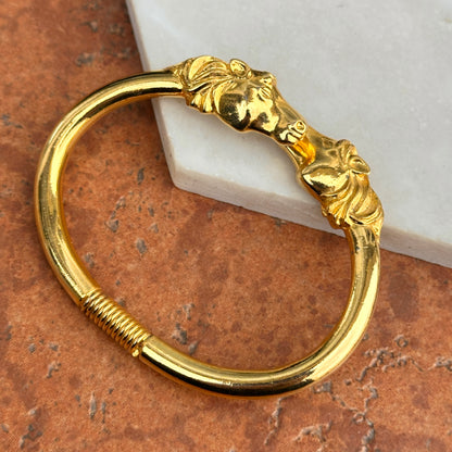 Estate Yellow Gold Tone Shiny + Double Horse Head Springed Cuff Bracelet