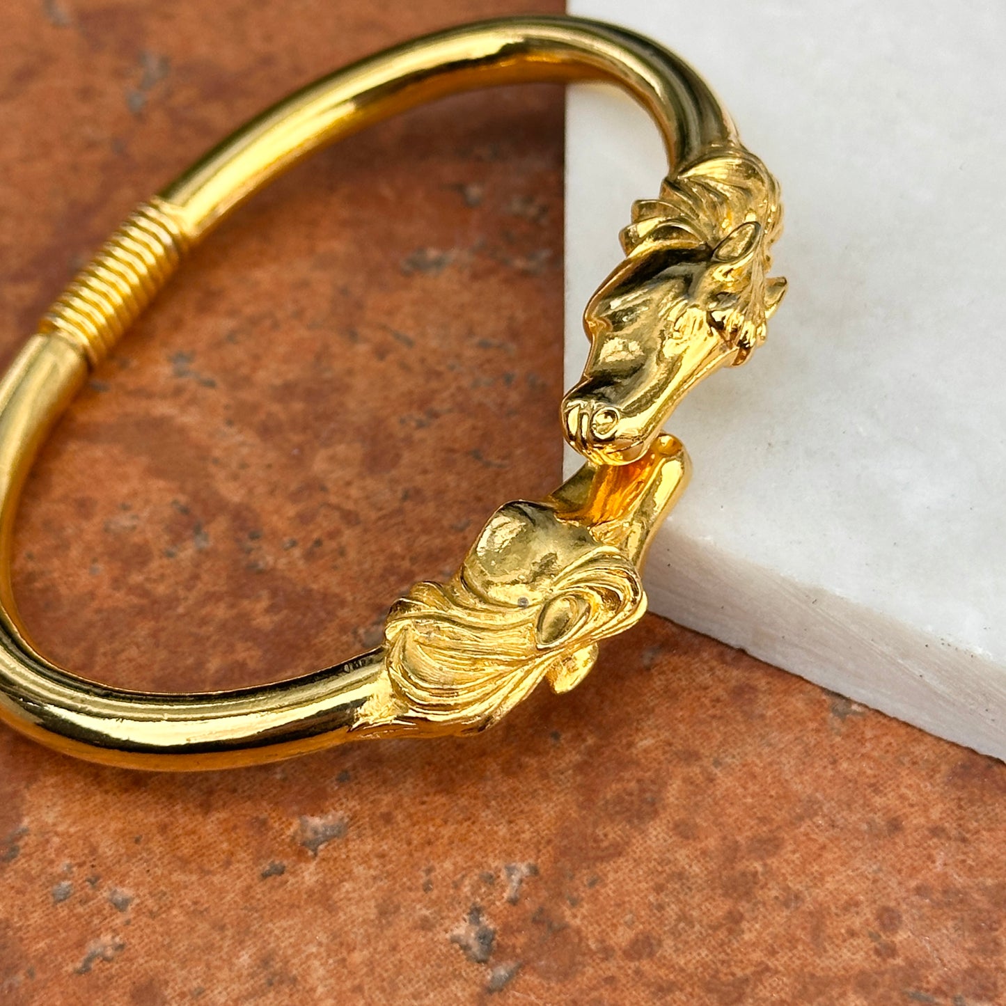 Estate Yellow Gold Tone Shiny + Double Horse Head Springed Cuff Bracelet