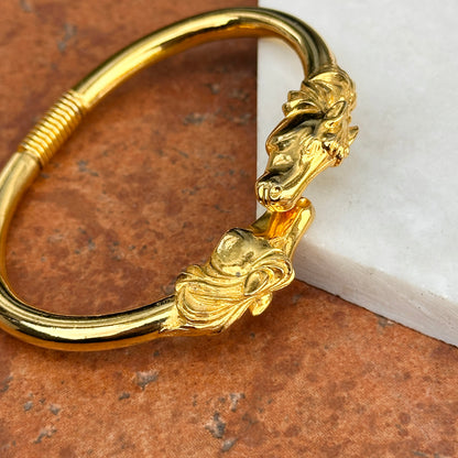 Estate Yellow Gold Tone Shiny + Double Horse Head Springed Cuff Bracelet