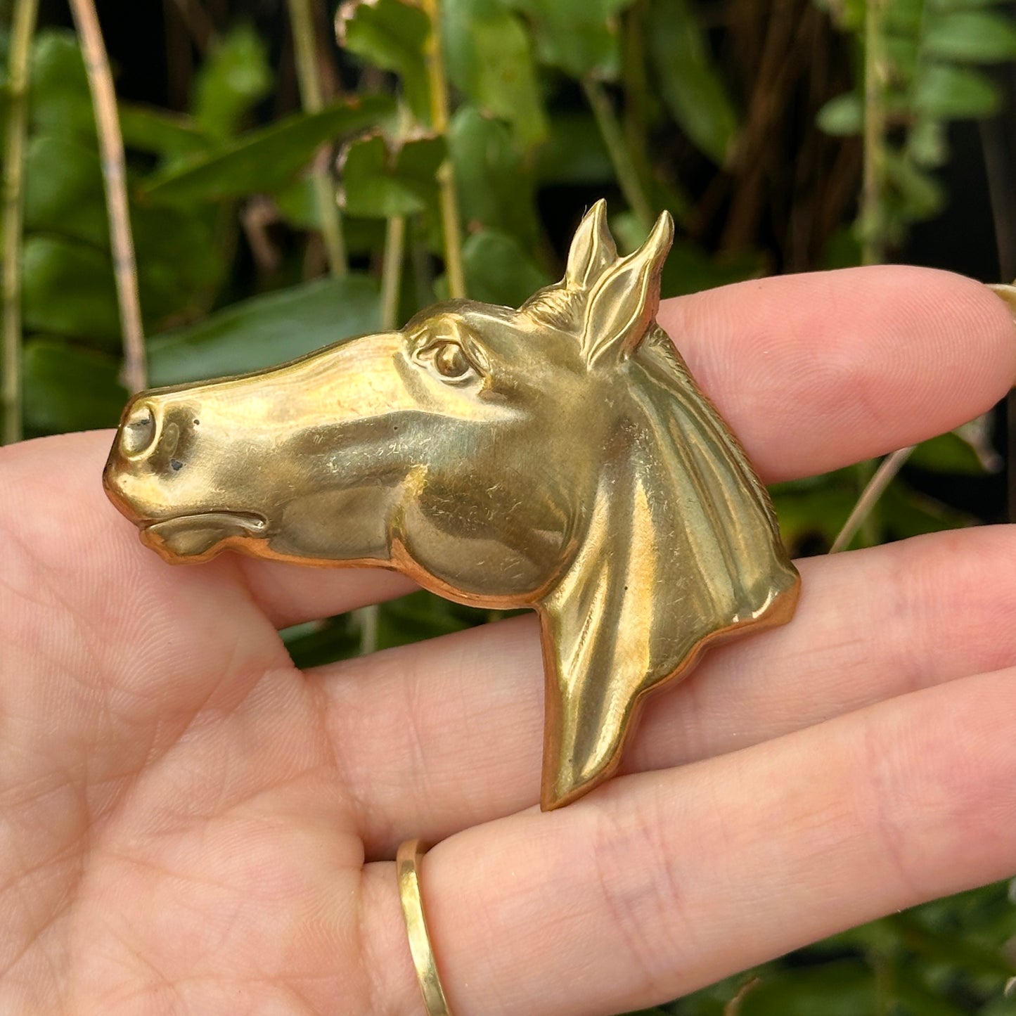 Estate Brass Polished Large Hollow Horse Head Pin Brooch