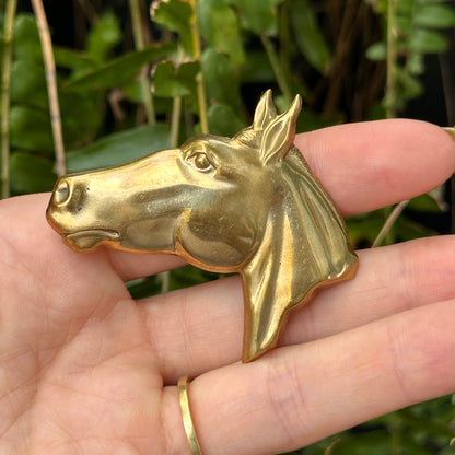 Estate Brass Polished Large Hollow Horse Head Pin Brooch