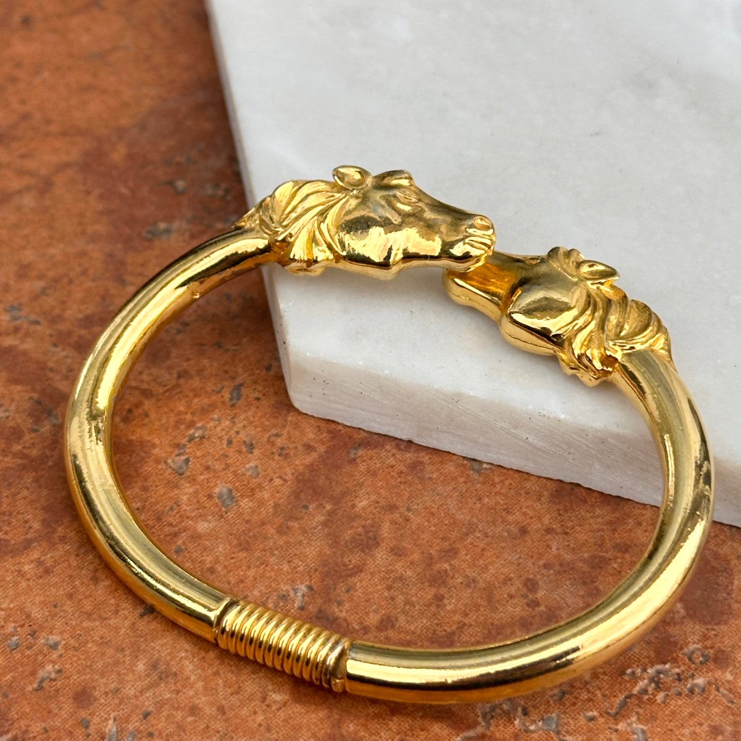 Estate Yellow Gold Tone Shiny + Double Horse Head Springed Cuff Bracelet
