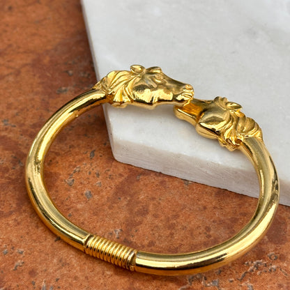 Estate Yellow Gold Tone Shiny + Double Horse Head Springed Cuff Bracelet