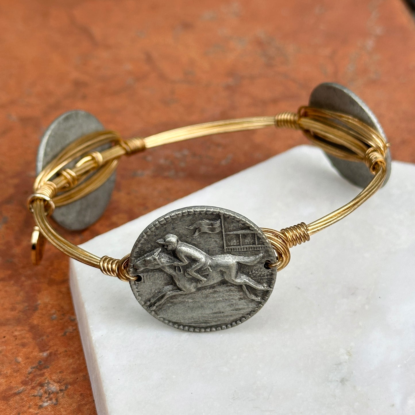 Estate Bourbon & Bowties Yellow Plated Copper Wire Bracelet + Silver Tone Horse Links