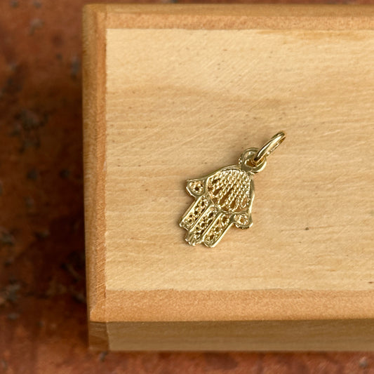 14KT Yellow Gold Filigree Hamsa Pendant Charm 16mm