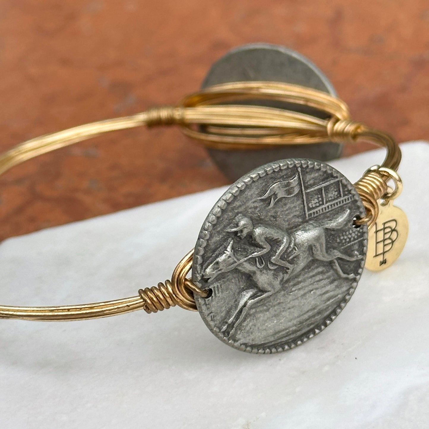 Estate Bourbon & Bowties Yellow Plated Copper Wire Bracelet + Silver Tone Horse Links