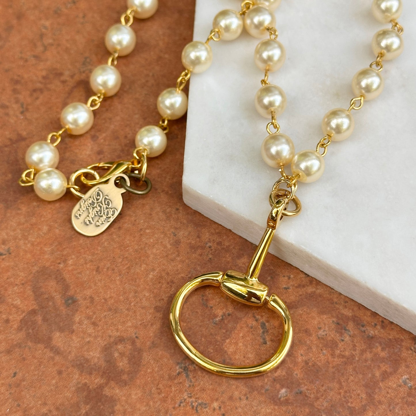 Yellow Gold-Plated Round Pearl Bead Link Horse Bit Dangle Necklace